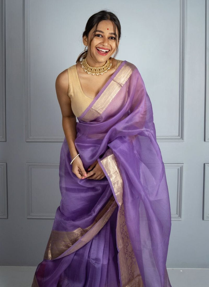 Banarasi organza silk Saree in Zari Work in Purple