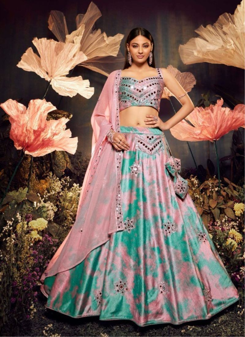 Embroidered Velvet Lehenga in Turquoise and Peach