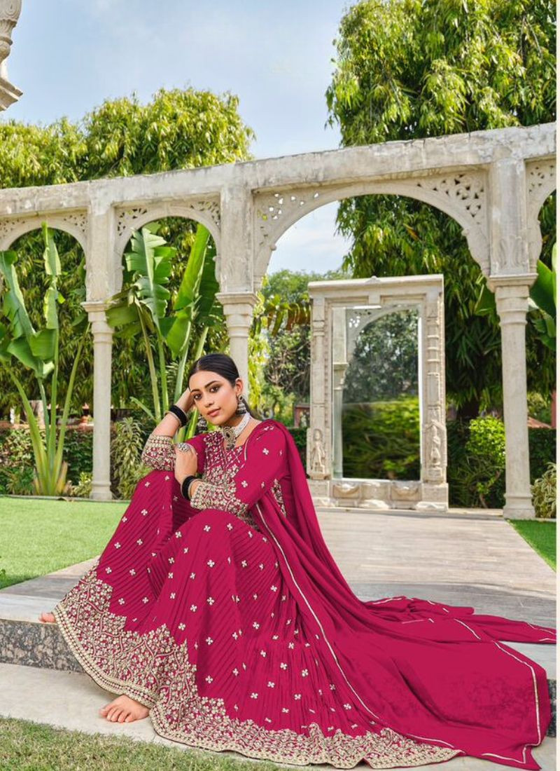 Embroidered Pure Faux Georgette Suit Set In Pink
