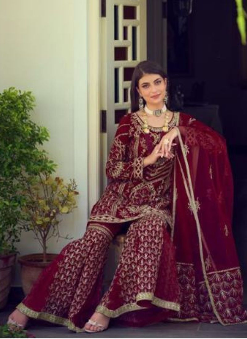 Embroidered Organza Suit Set In Maroon