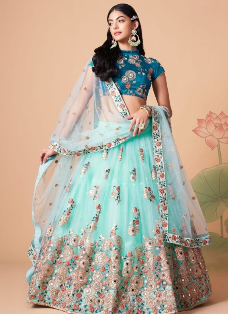 Embroidered Net Lehenga in Perl