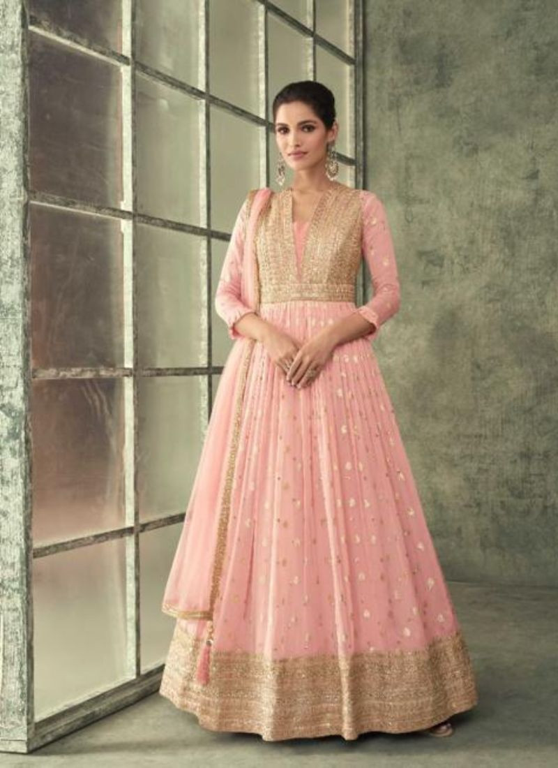 Sequined Pure Viscose Silk Abaya Style Suit In Pink