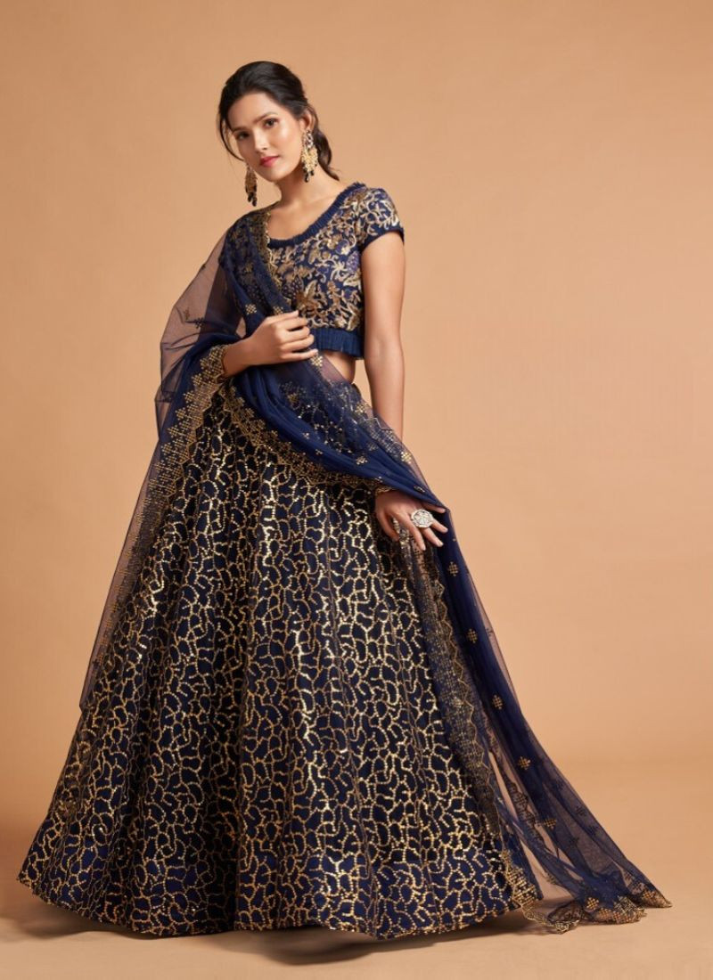 Embroidered Soft Net Lehenga in Blue