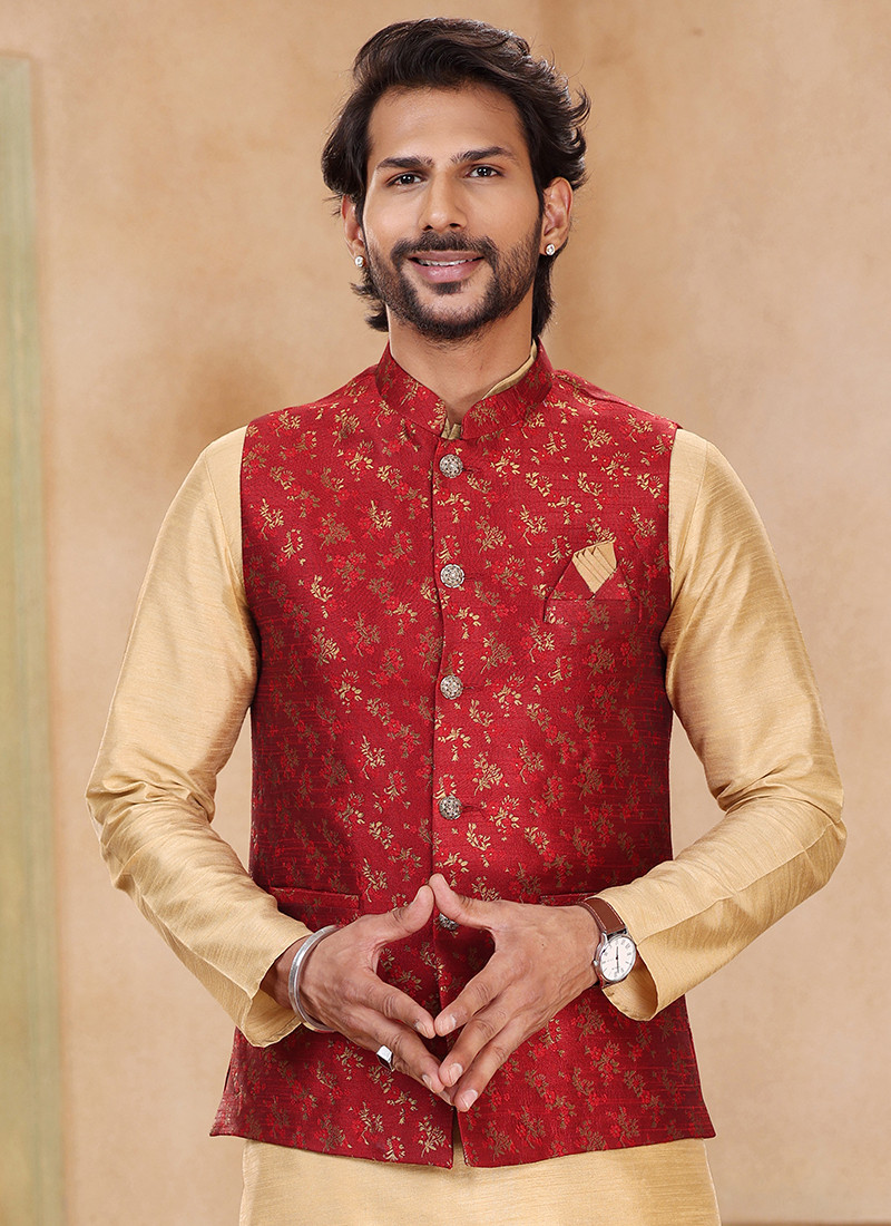 Art Banarasi Silk Kurta Sets With Jacket in Maroon
