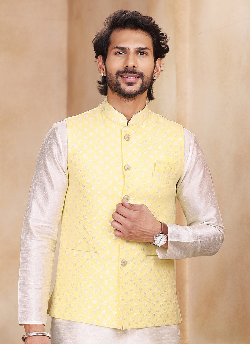 Art Banarasi Silk Kurta Sets With Jacket in Yellow