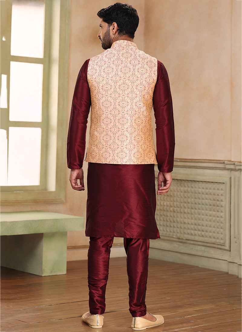 Banarasi Silk Kurta Sets With Jacket in Maroon