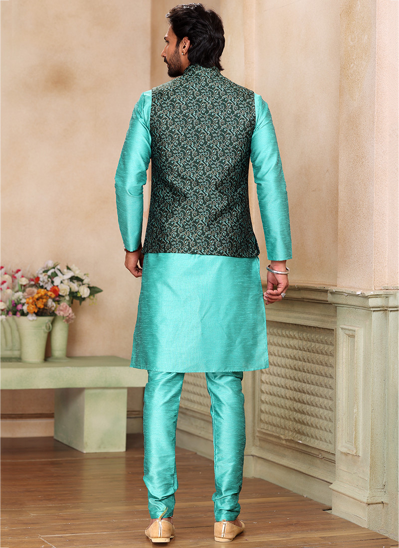 Banarasi Silk Kurta Sets With Jacket in Sky Blue