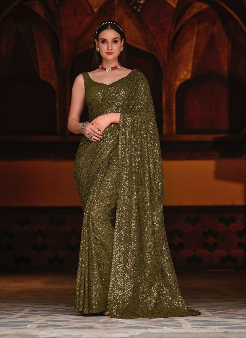 Sequinned Georgette Saree in Olive Green
