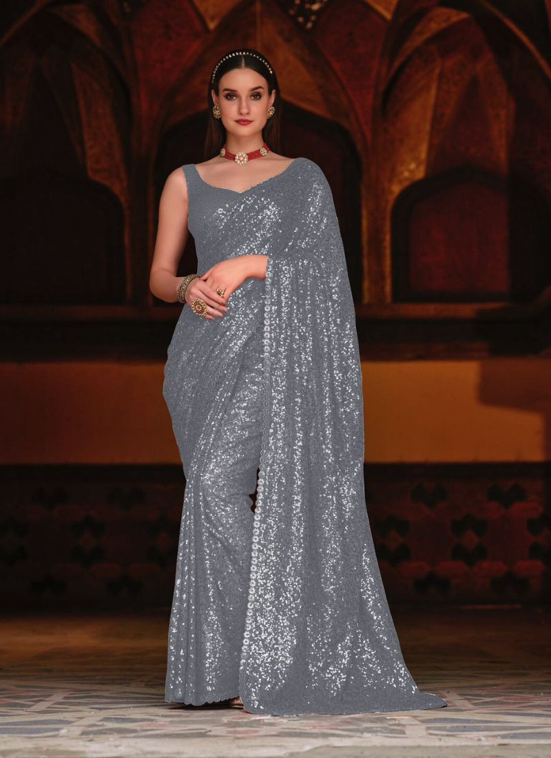 Sequinned Georgette Saree in Silver