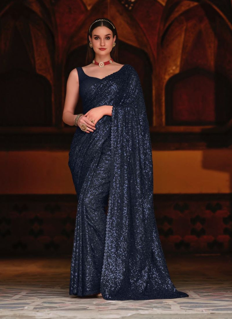 Sequinned Georgette Saree in Blue