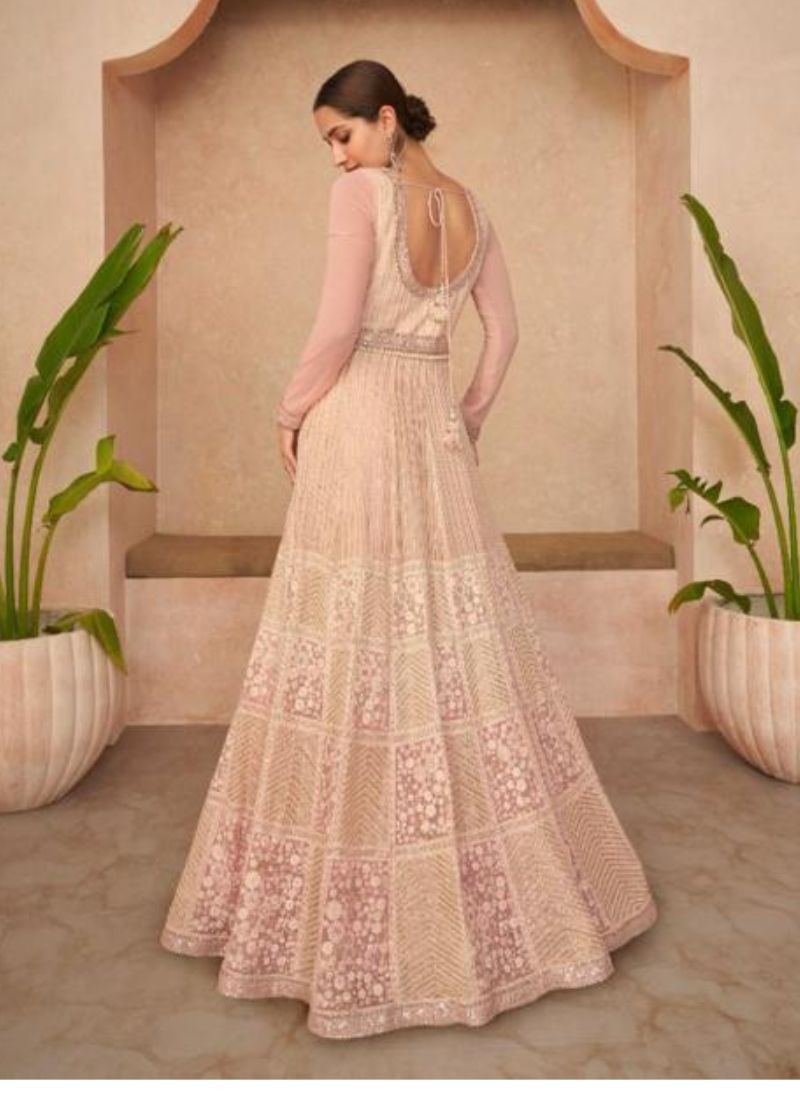 Embroidered Geogrette Gown With Dupatta in Beige