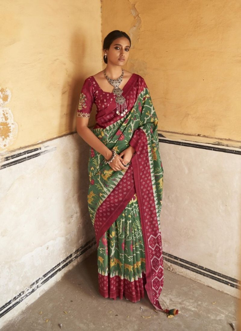 Embroidered Tusser Silk Saree in Green