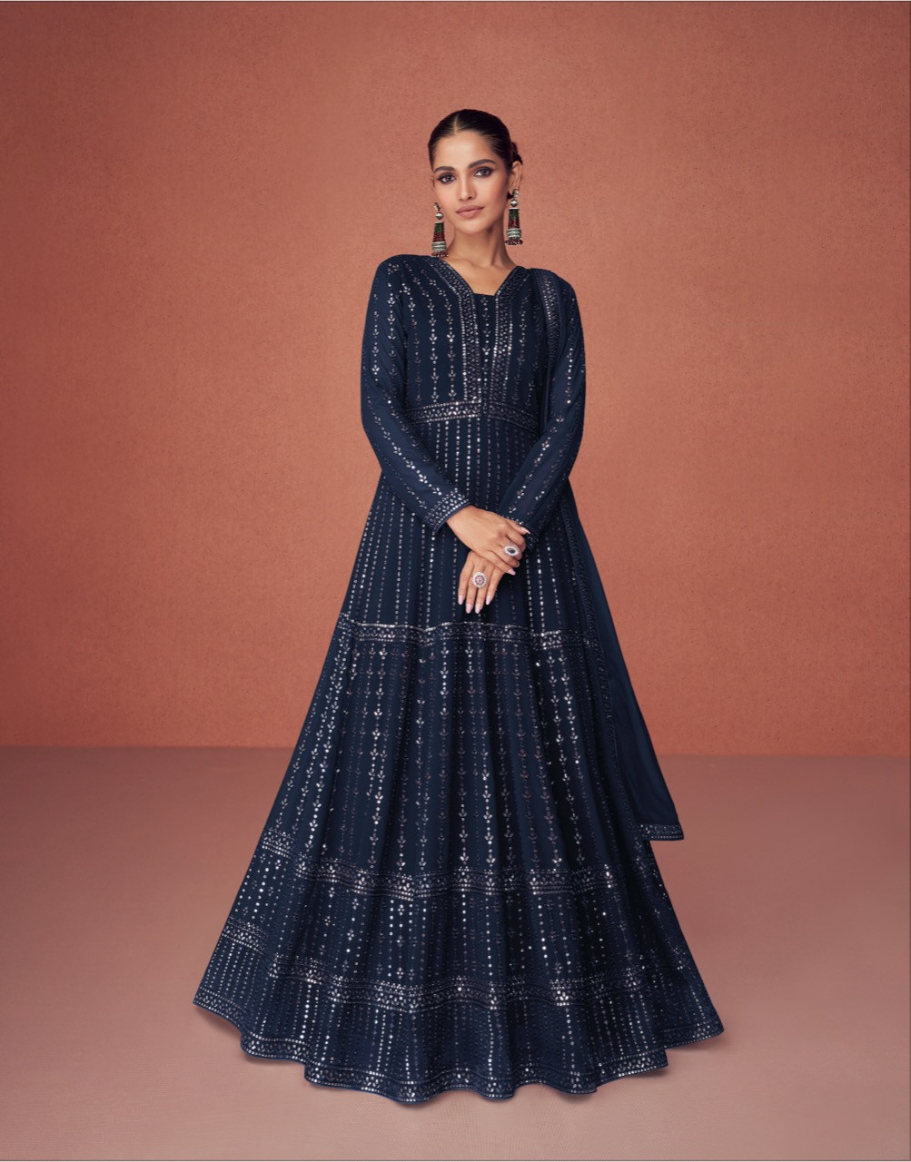 Embroidered Real Georgette Gown In Blue