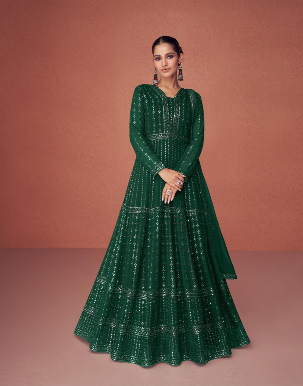 Embroidered Real Georgette Gown In Green