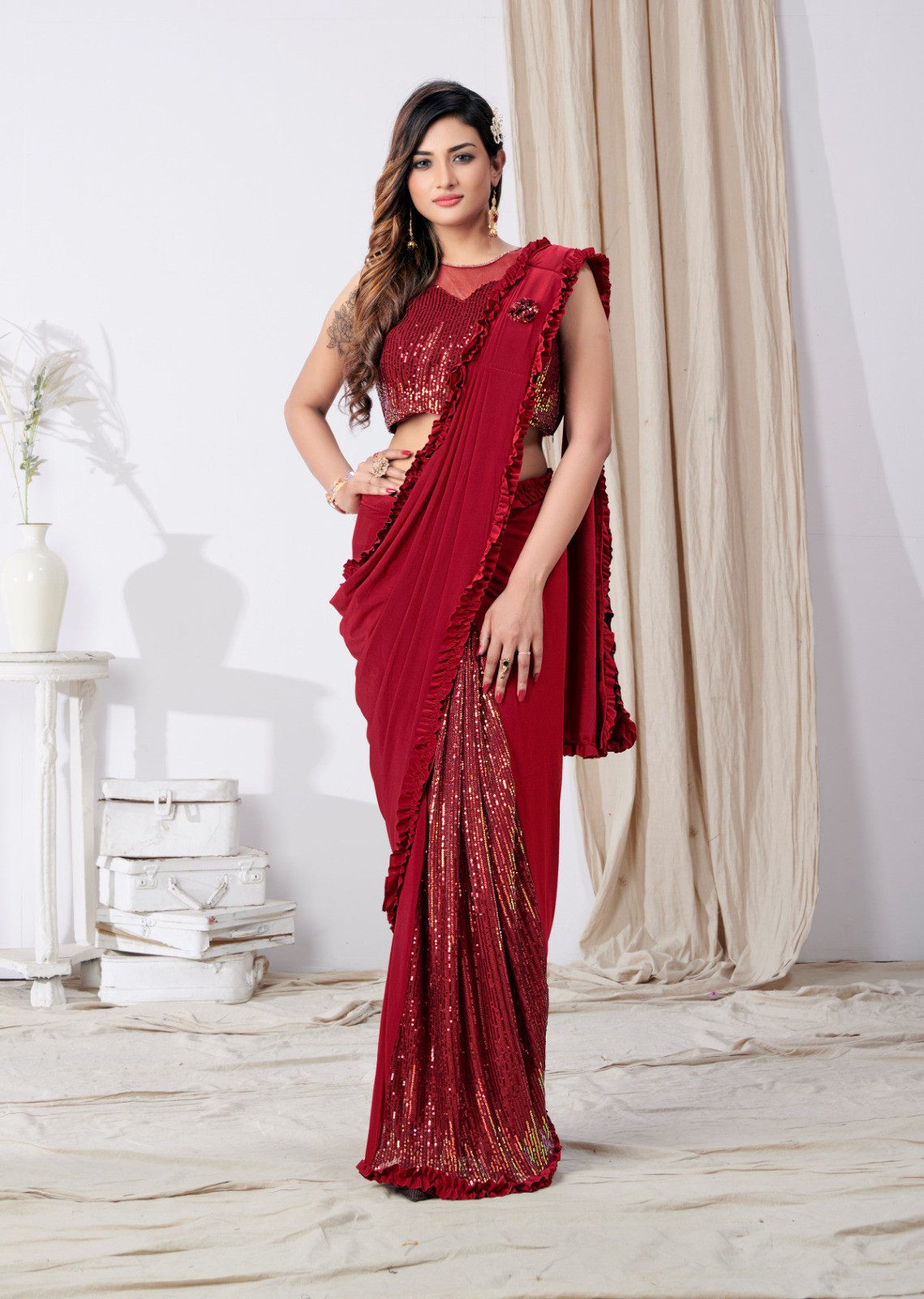 Imported Lycra  Ready To Wear Saree in Maroon