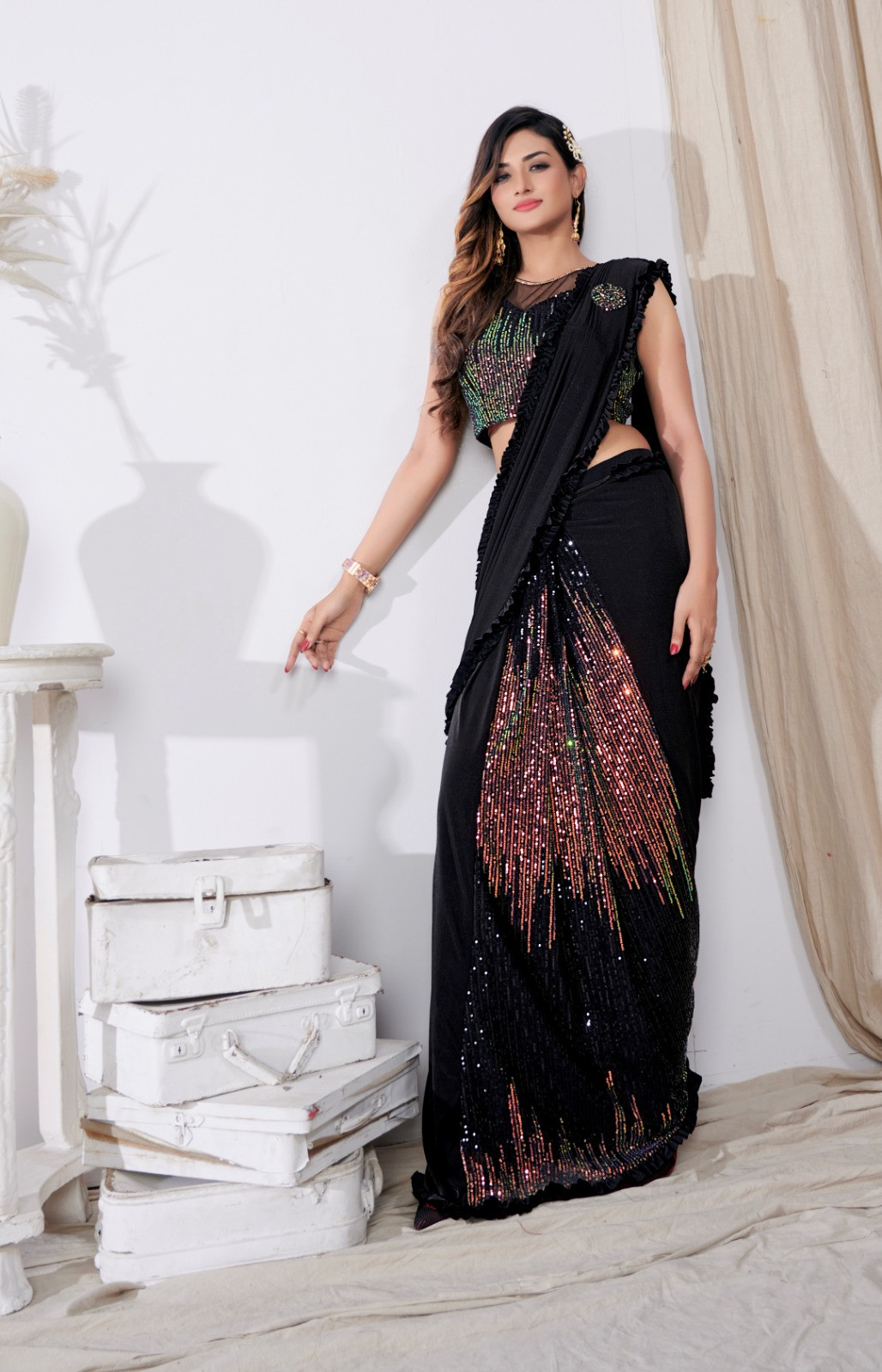 Imported Lycra  Ready To Wear Saree in Black