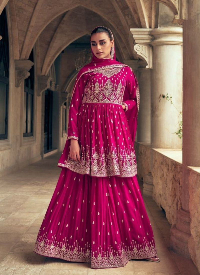 Embrodered Georgette Kurta-Skirt With Dupatta in Pink