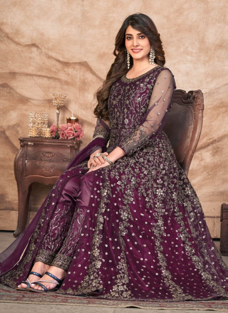 Net Gown With Dupatta in Purple