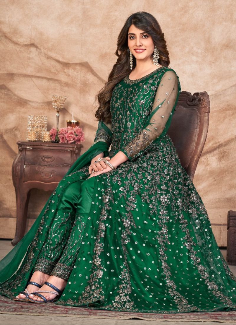 Net Gown With Dupatta in Green