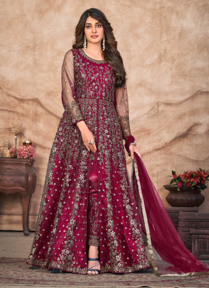Net Gown With Dupatta in Wine