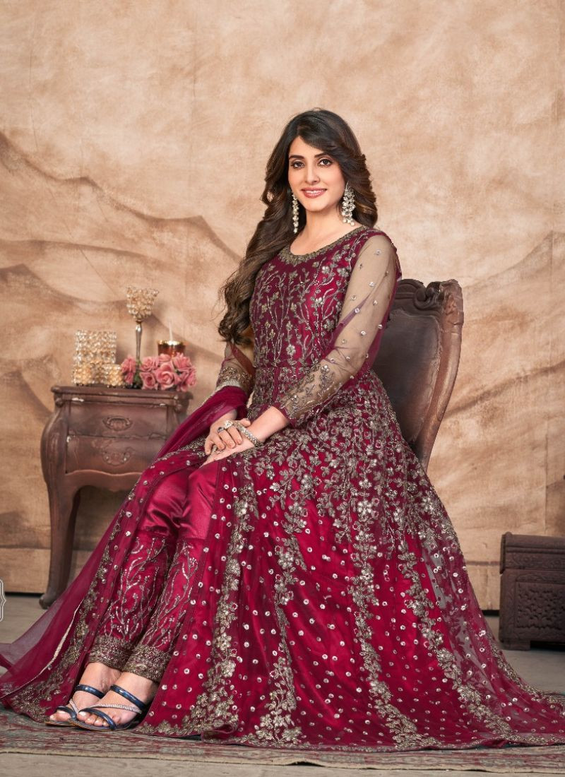 Net Gown With Dupatta in Wine