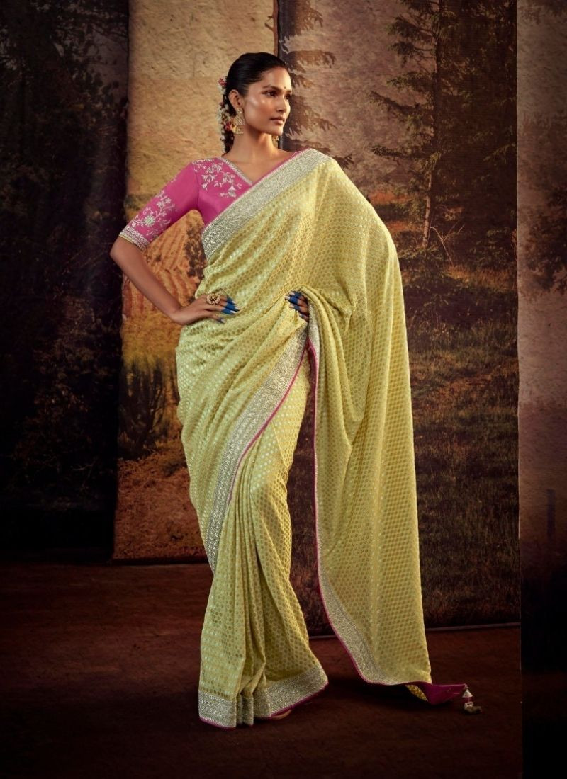 Embroidered Patry Wear Saree in Yellow