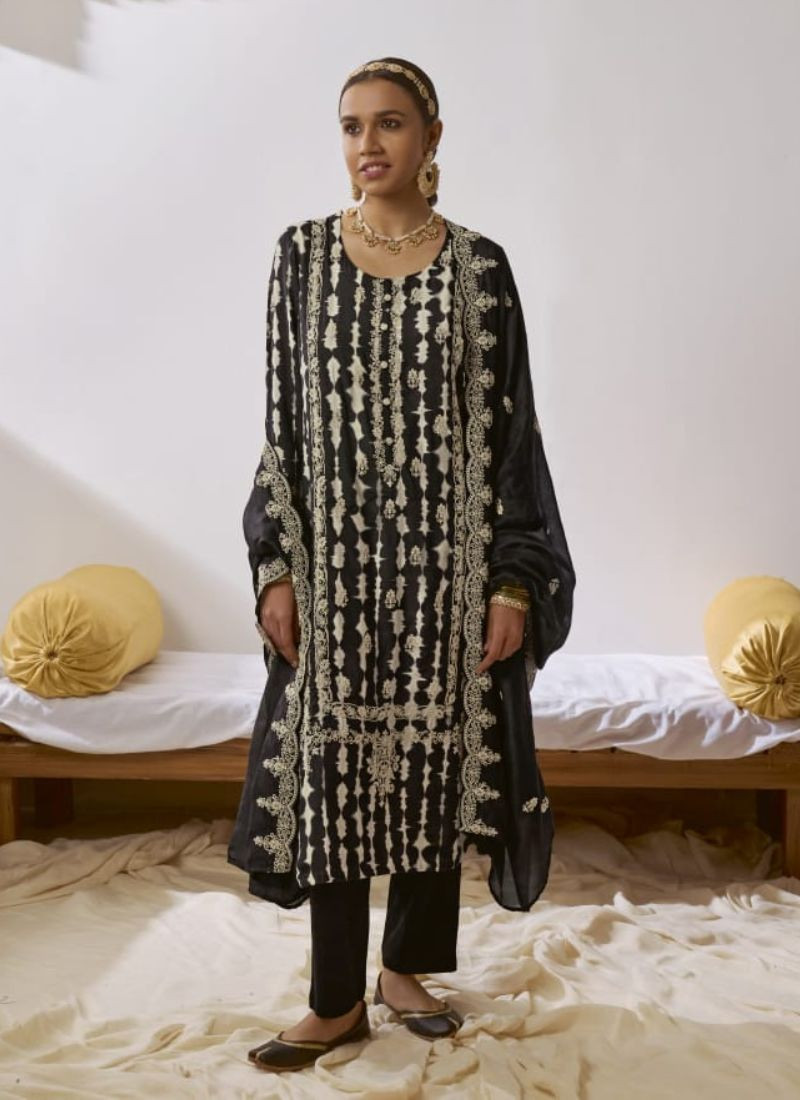 Embroidered Muslin Silk Suit in Black