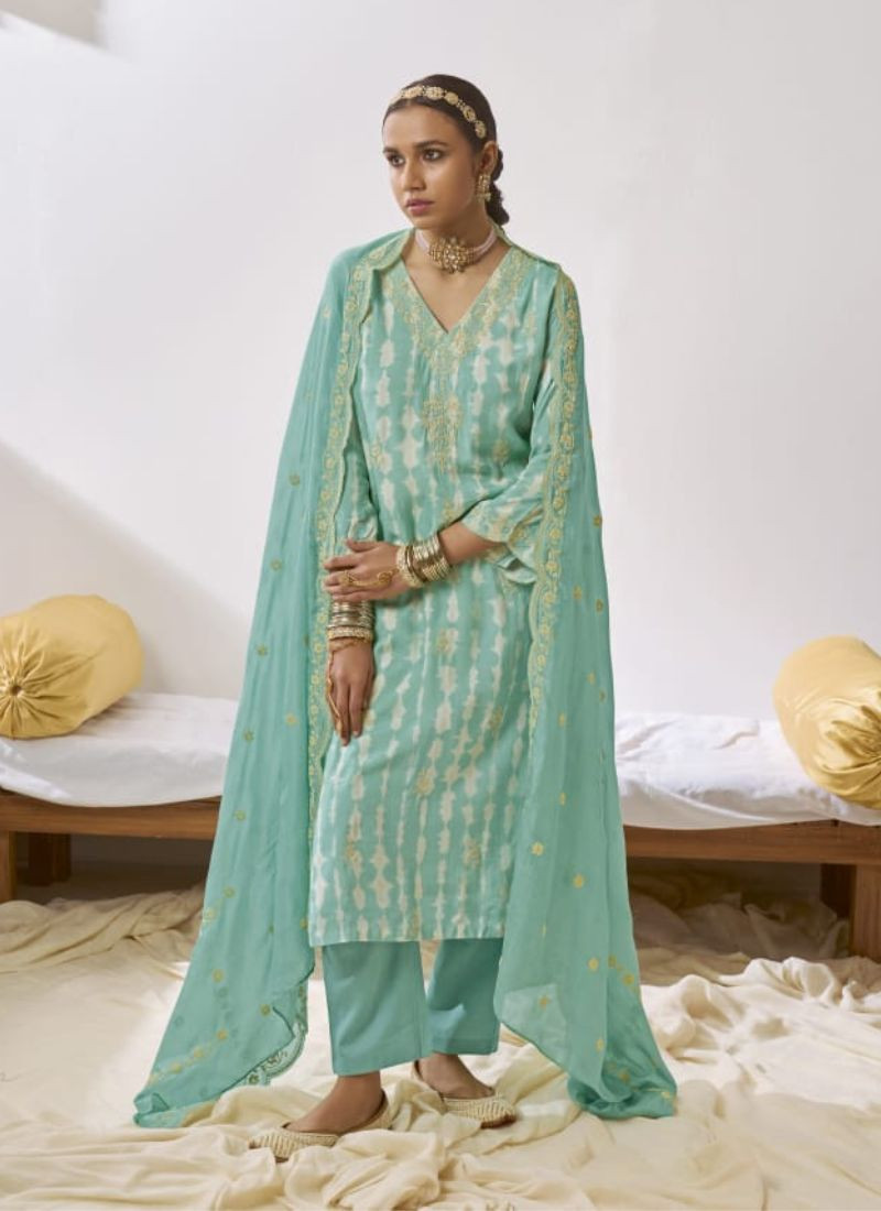 Embroidered Muslin Silk Suit in Sky Blue