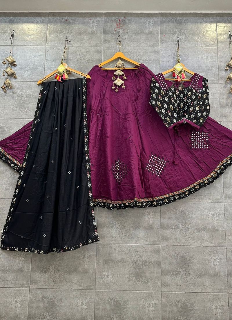 Pure Cotton Chaniya Choli With Mirror Work in Purple