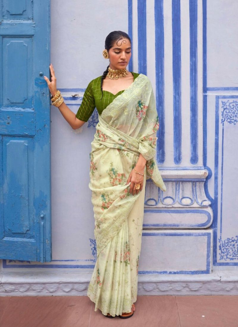 Embroidery Floral Digital Printed Organza Saree in White & Green