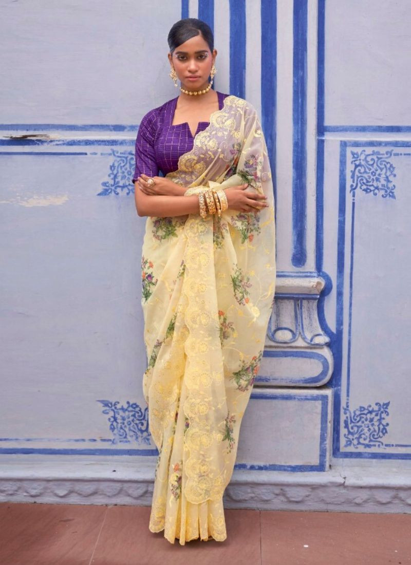 Embroidery Floral Digital Printed Organza Saree in Yellow