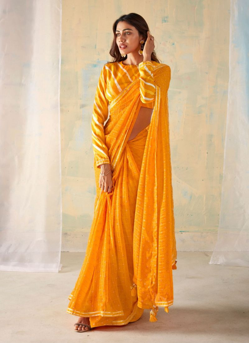 Georgette Printed Saree in Yellow