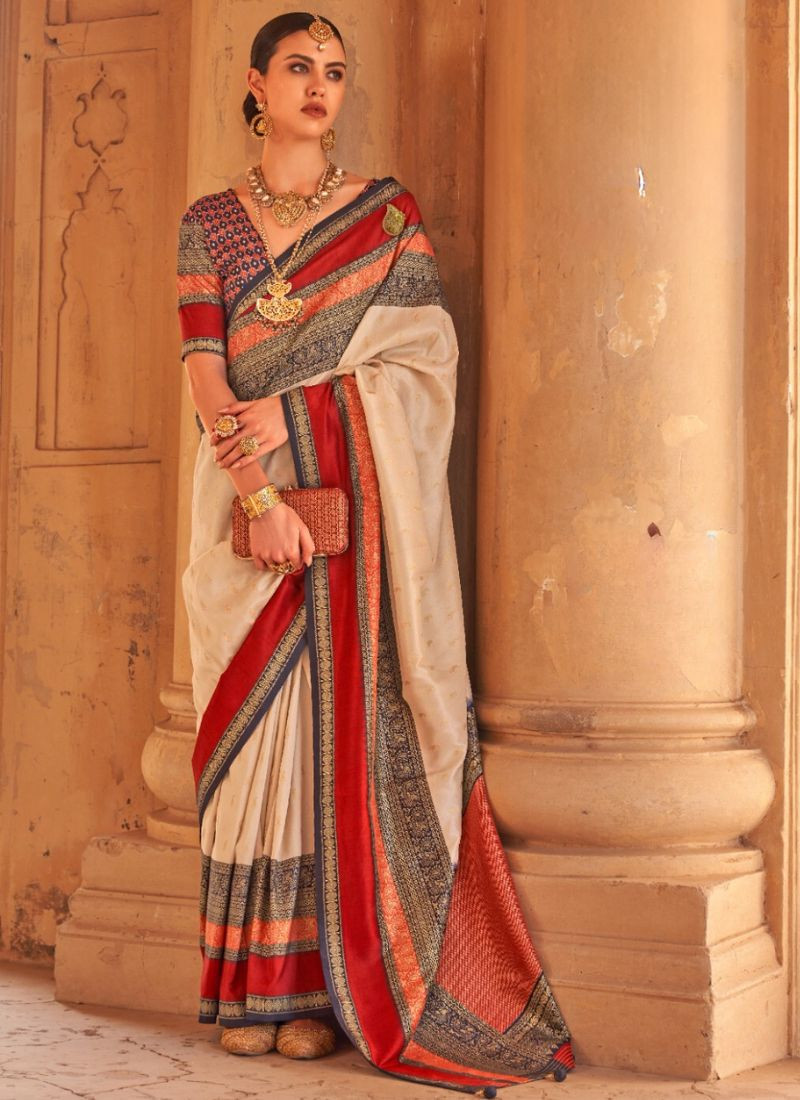 V.B Silk Saree with Gold Finish in Off White