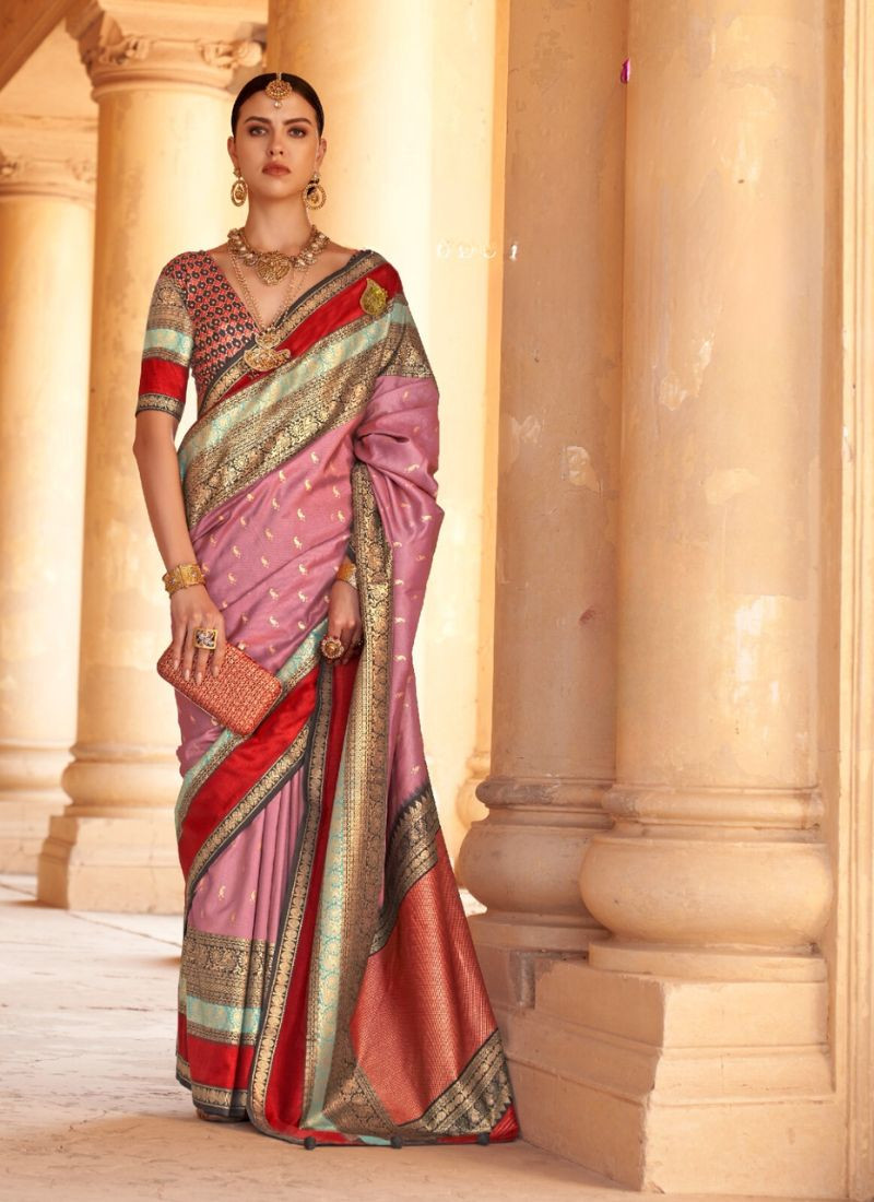 V.B Silk Saree with Gold Finish in Pink