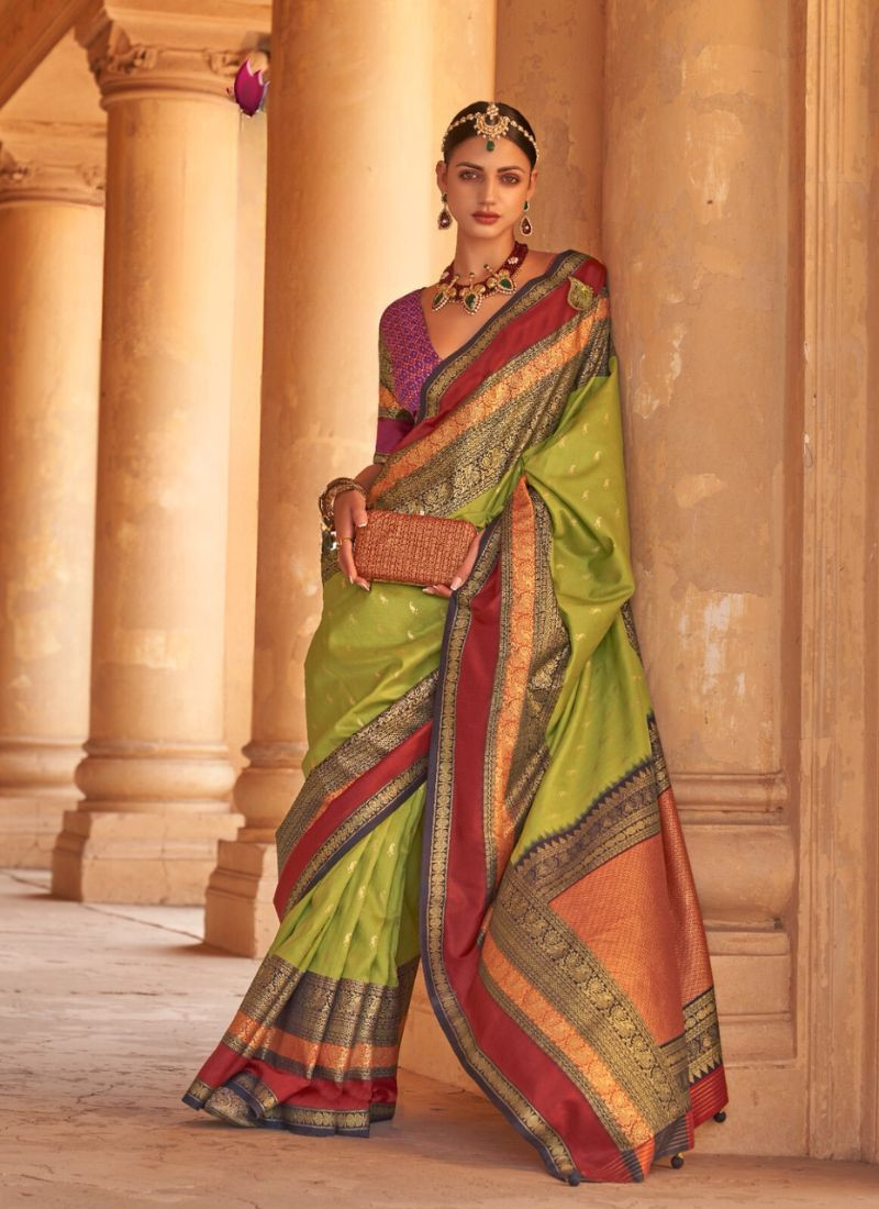V.B Silk Saree with Gold Finish in Yellow Green