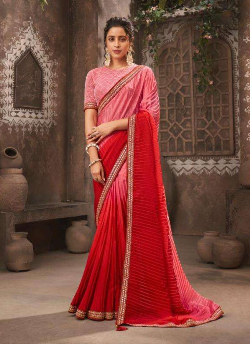 Chinon Sequence Work Saree in Red