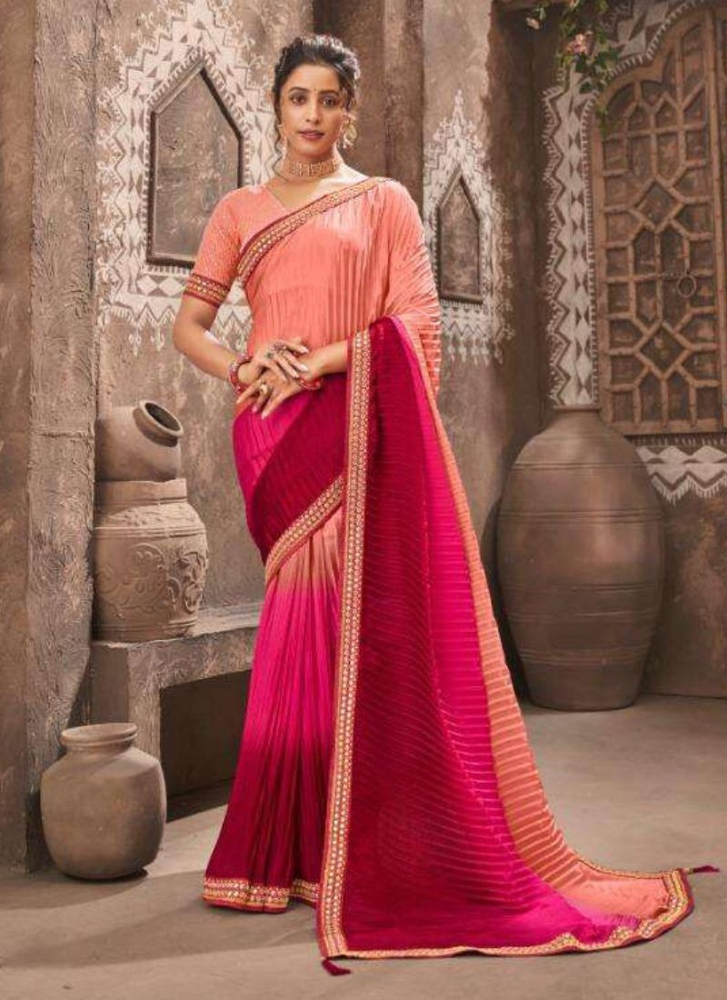 Chinon Sequence Work Saree in Pink