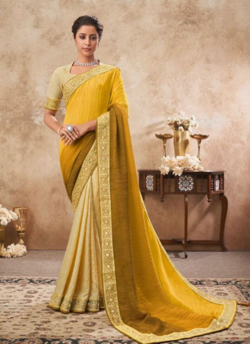 Chinon Sequence Work Saree in Yellow