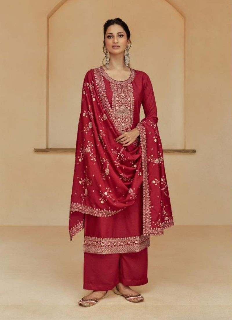Myntra Silk Suit Set in Red