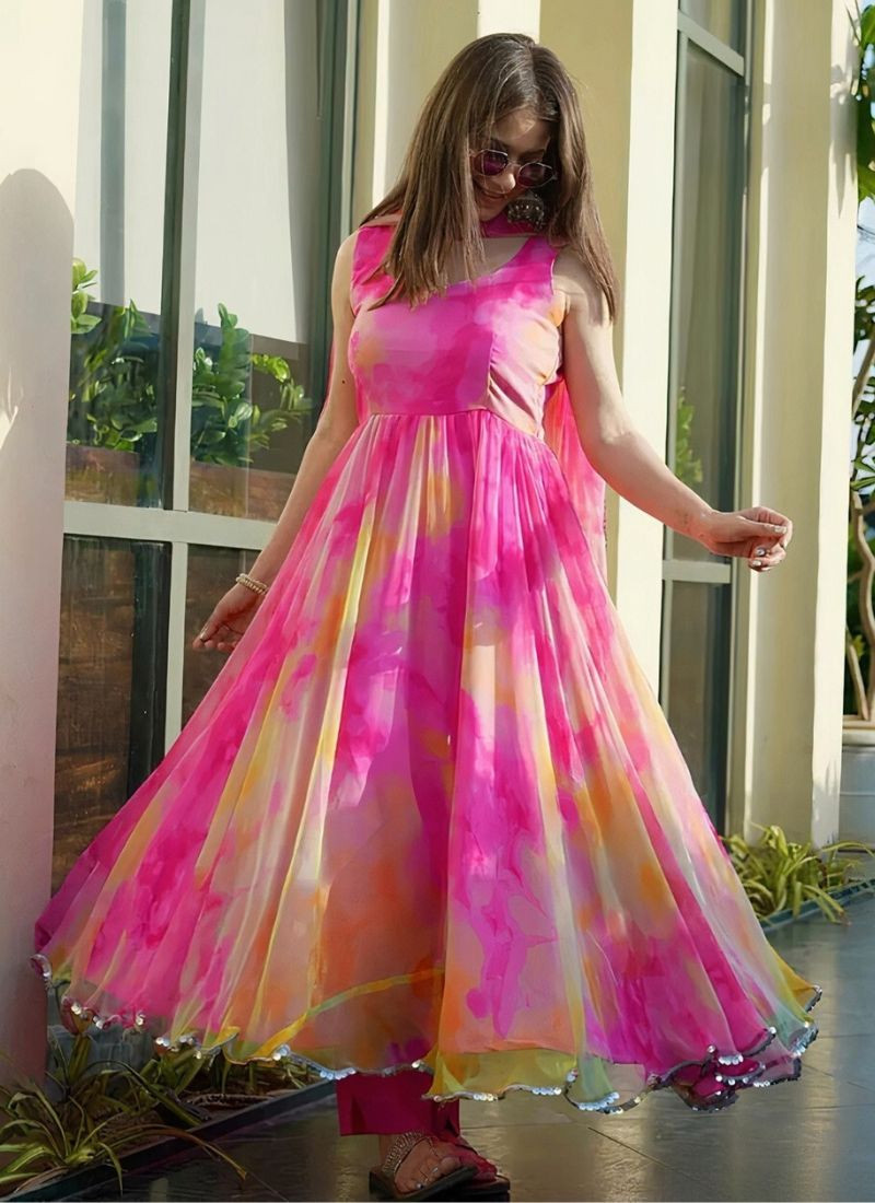 Organza Silk Gown in Hot Pink
