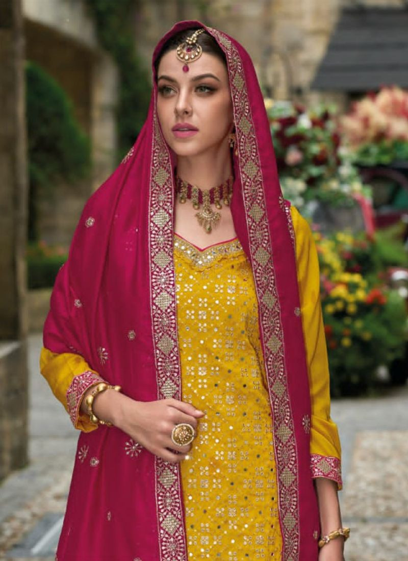 Embroidery Premium Silk Sharara Set in Yellow