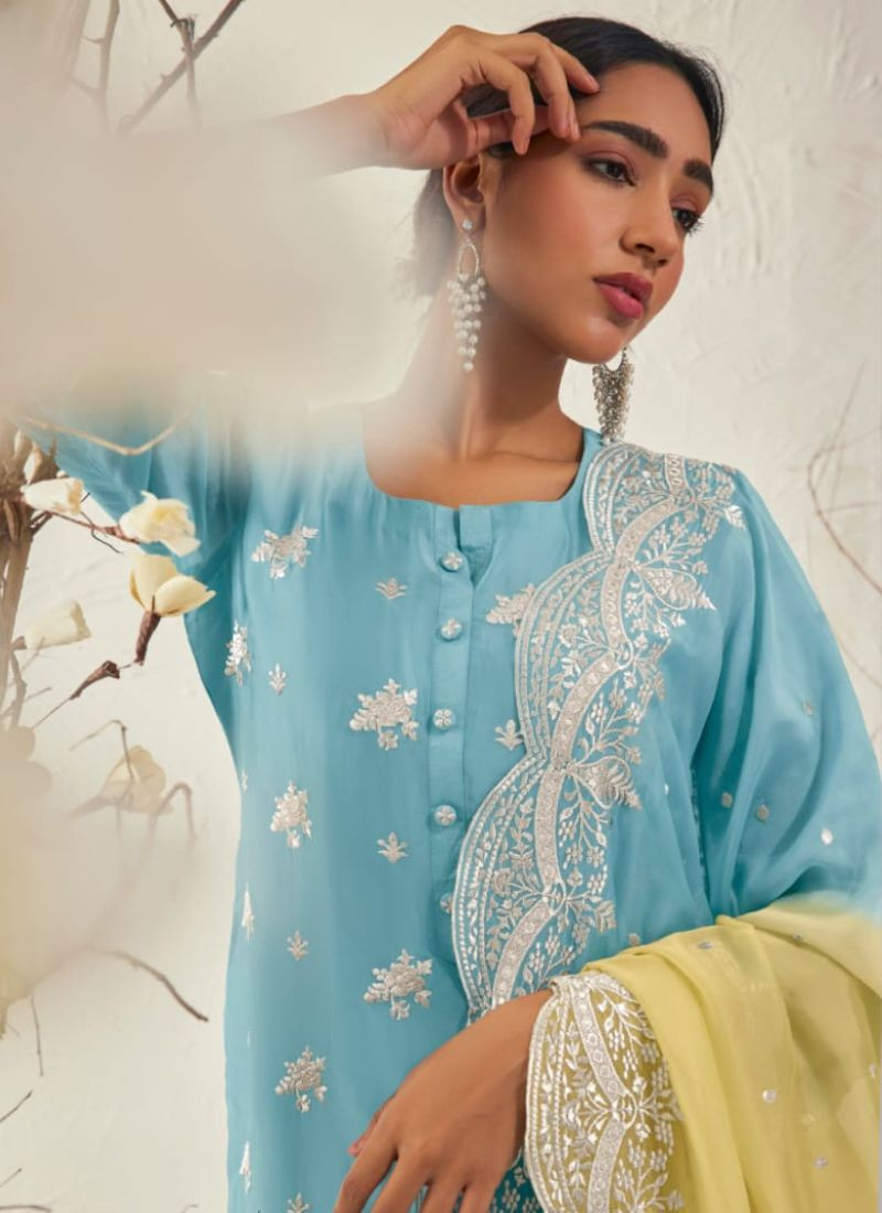 Zari Embroidery Suit Set in Sky Blue