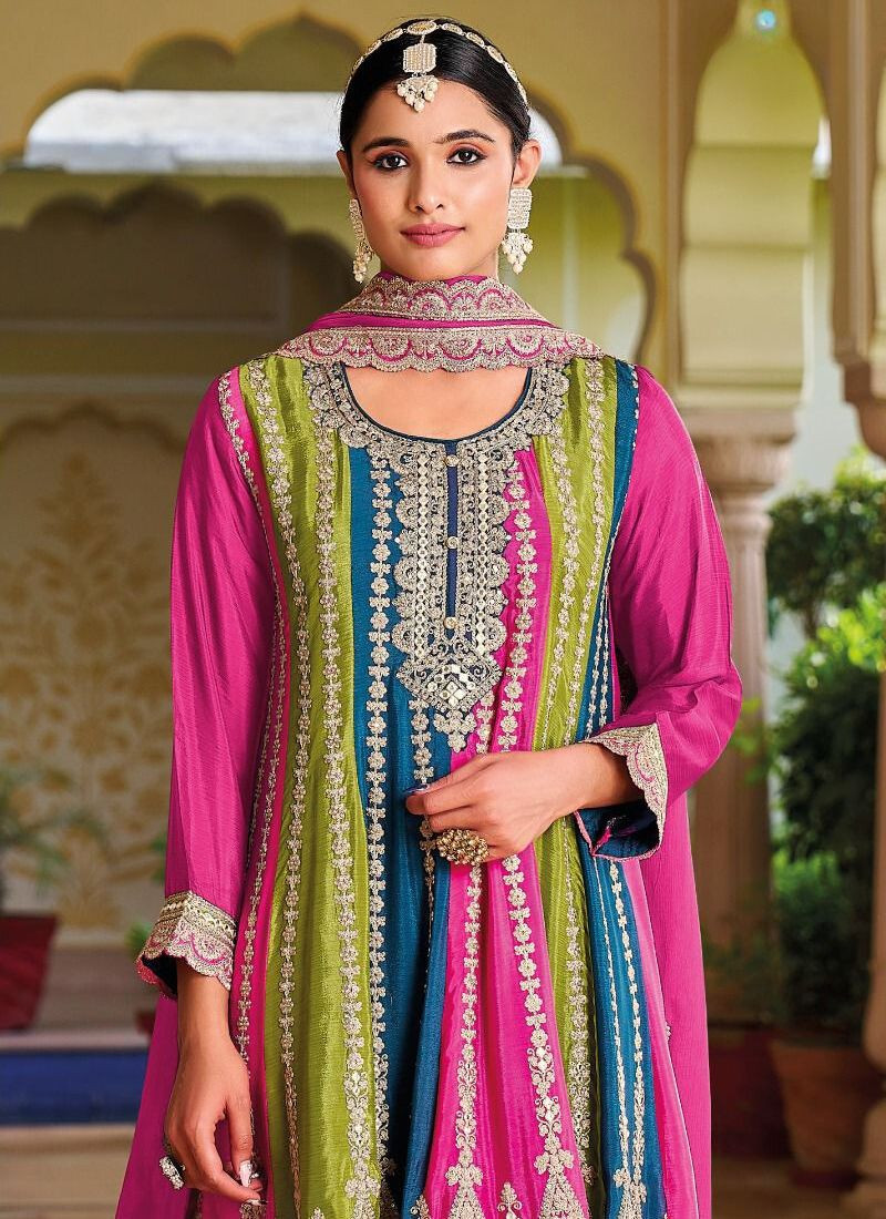 Embroidered Blooming Chinon Suit Set Hot Pink