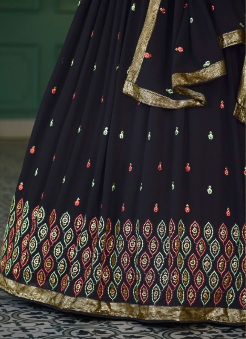 Embroidered Semi Stitched Velvet Lehenga Choli in Black