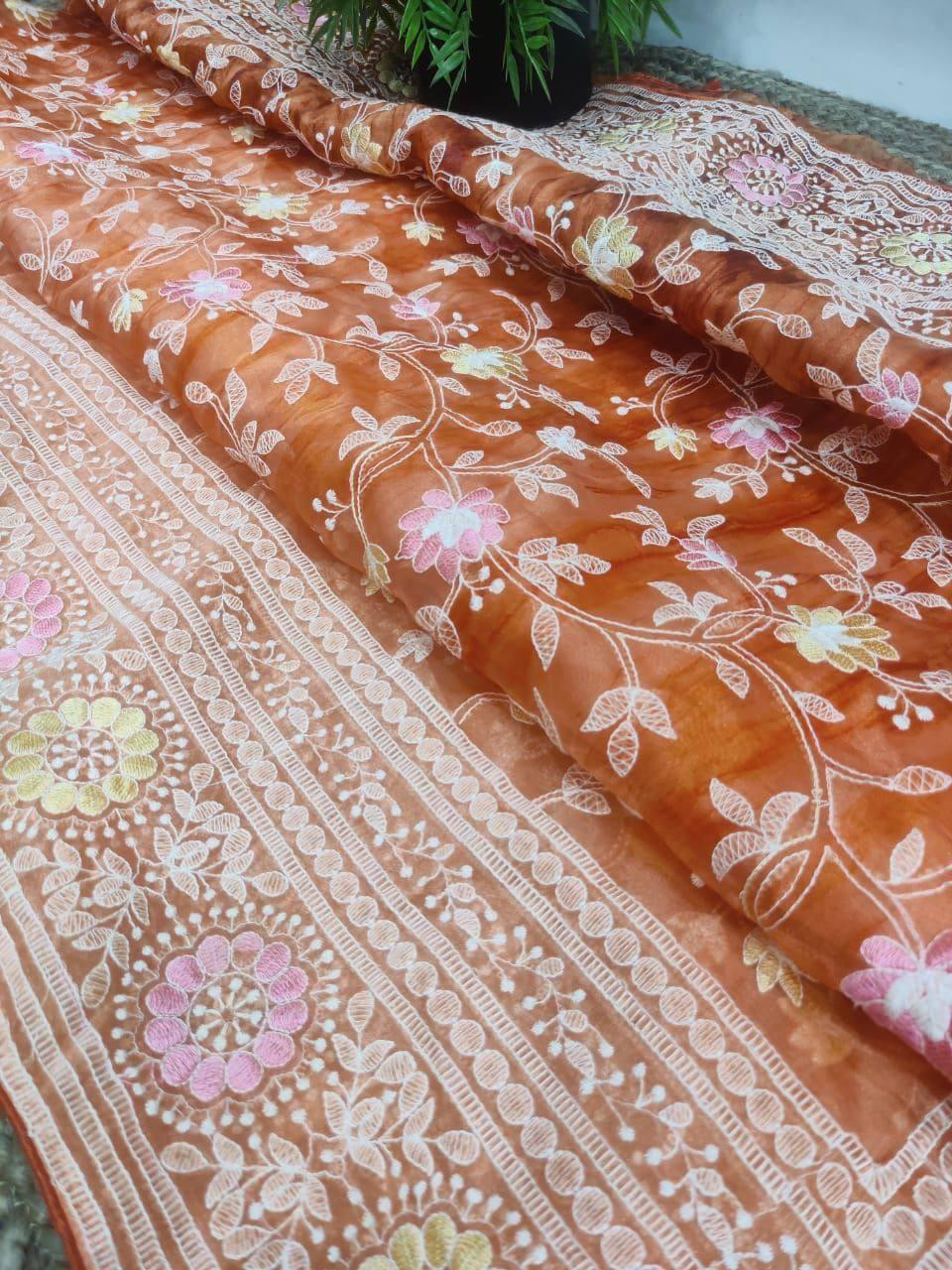 Organza Saree With Kashmiri Thread Work in Orange
