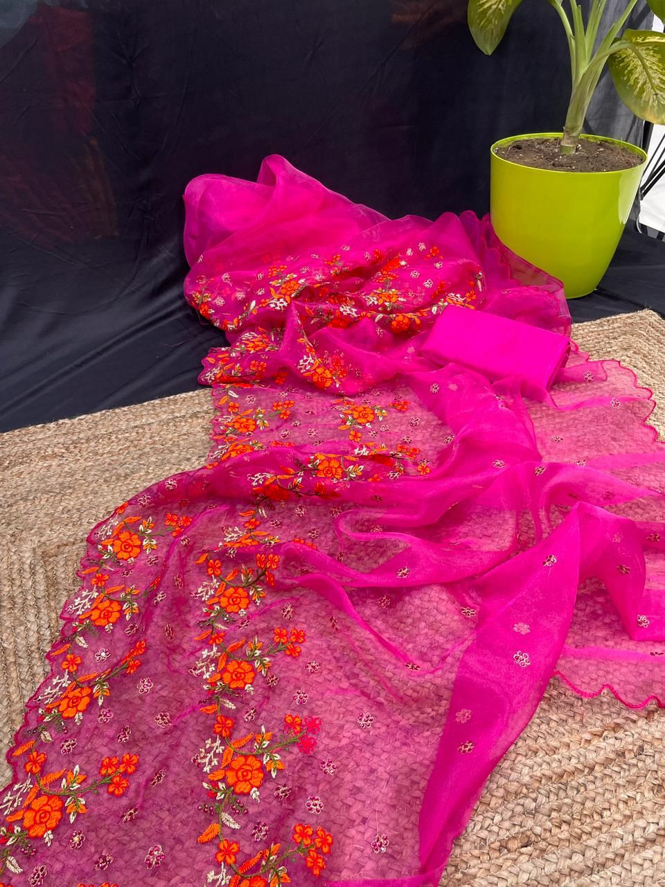 Organza Embroidered Stone Work Saree in Hot Pink