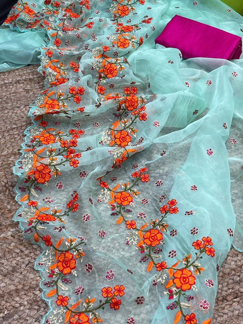Organza Embroidered Stone Work Saree in Sky Blue