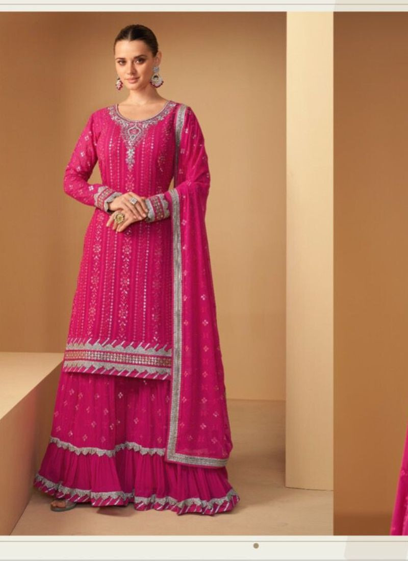 Embroidered Real Georgette Kurta-Skirt Set in Cerise Pink