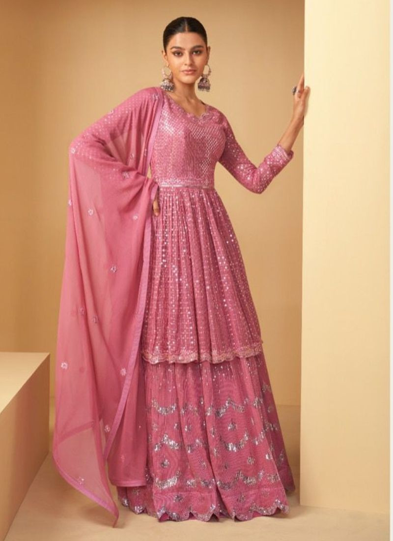 Embroidered Real Georgette Kurta-Skirt Set in Pink