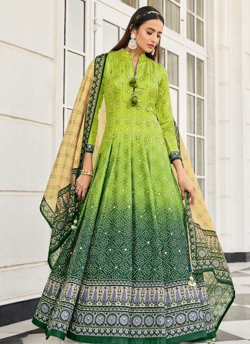 Bandhani Print Dola Silk Gown in  Green